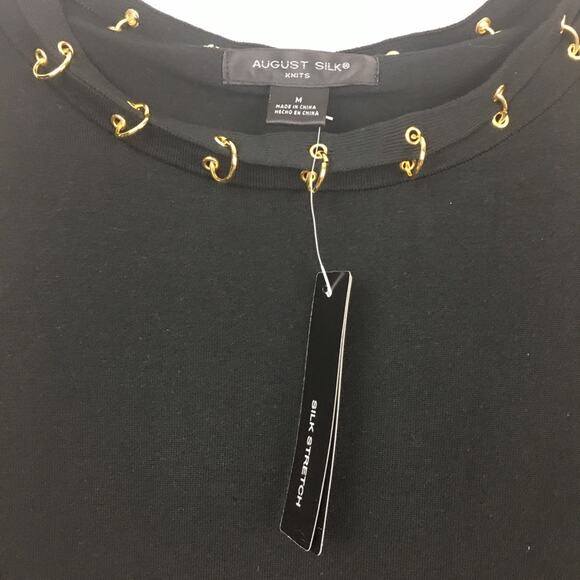 August Silk Knits Stretch Blouse Size Medium Black Ribbed Gold Grommet NWT $48 - Picture 6 of 11